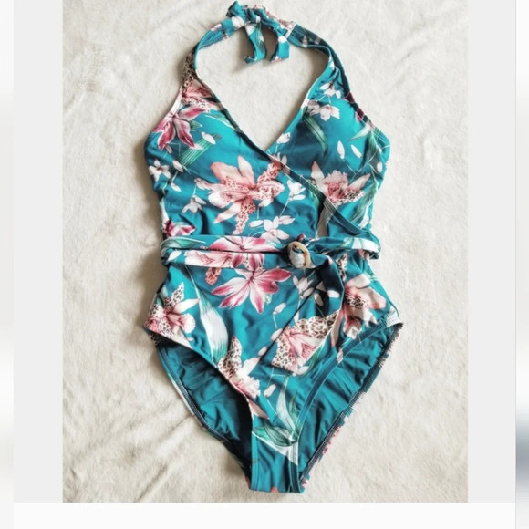 La Blanca Teal Blue Tropical Floral Belted One Piece Swimsuit Halter Neck Size 8 - Picture 1 of 4